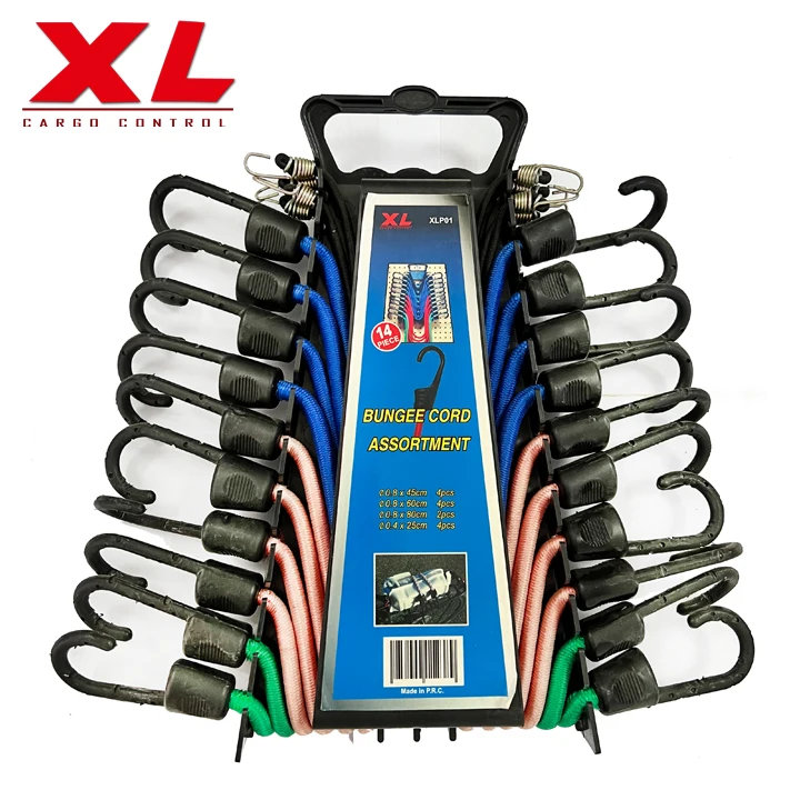 Elastic bungee cords with hooks for cargo securing