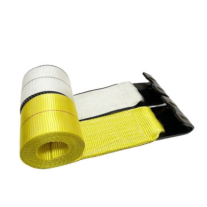Winch straps for flatbed trailer cargo securement